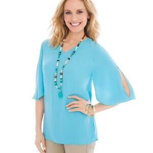 Chico's White V Neck Elbow Length Flutter Sleeve Tunic Top Size Small NWOT